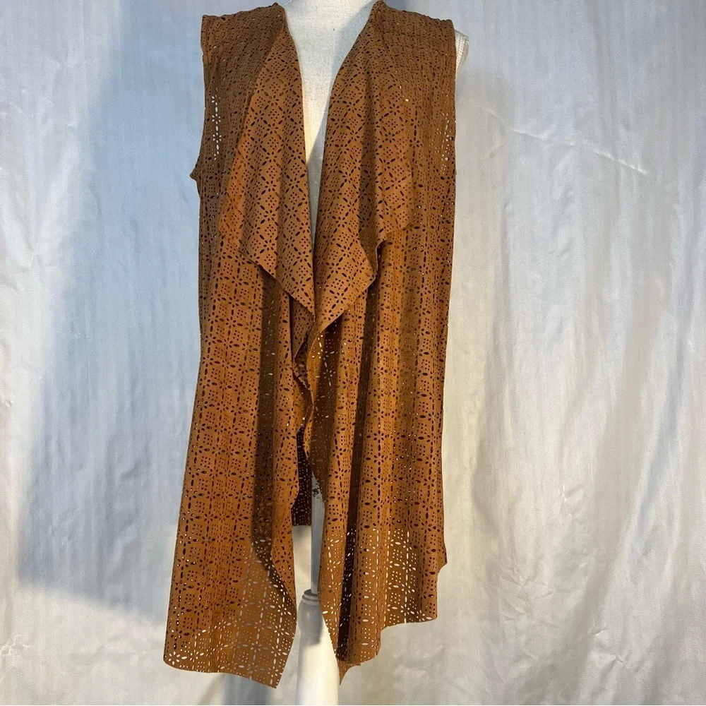 Soft Surroundings BoHo Vest Brown Faux Suede Lazor Cut Waterfall Hippiecore XL - Picture 2 of 7